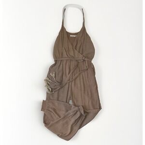 Charme U Womens Tan Strappy Wrap-Front Sleeveless Jumpsuit Belted Size Large